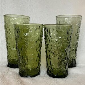 4 Vintage Anchor Hocking Avocado Green Crinkle Lumpy Bumpy Glasses (two sizes)